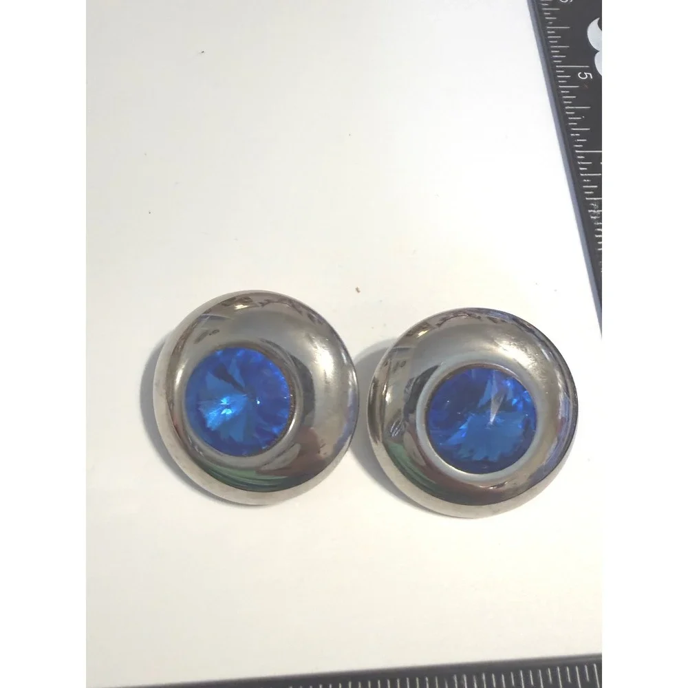 Vintage Silver Tone Blue Crystal Round Clip On Button Earrings Oversized Cobalt